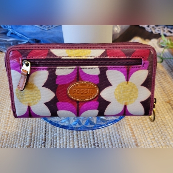 Fossil Leather Floral Zip Around Long Wallet Coated Canvas Pink Cream Retro EUC - Picture 1 of 13